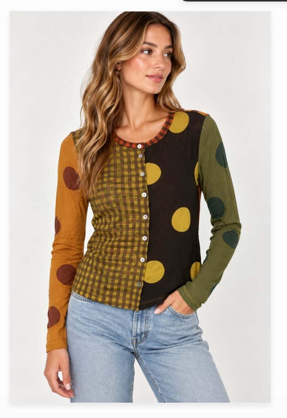 Alembika Shirt Womens M Multicolor Dot Check Stripe Button Front Top Blouse